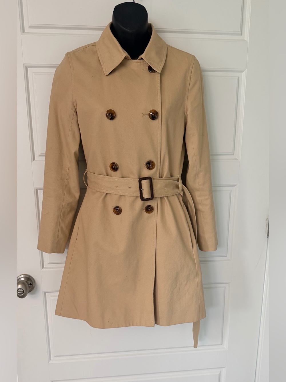 J Crew Classic Tan Belted Rain Coat size 00 - Picture 2 of 8